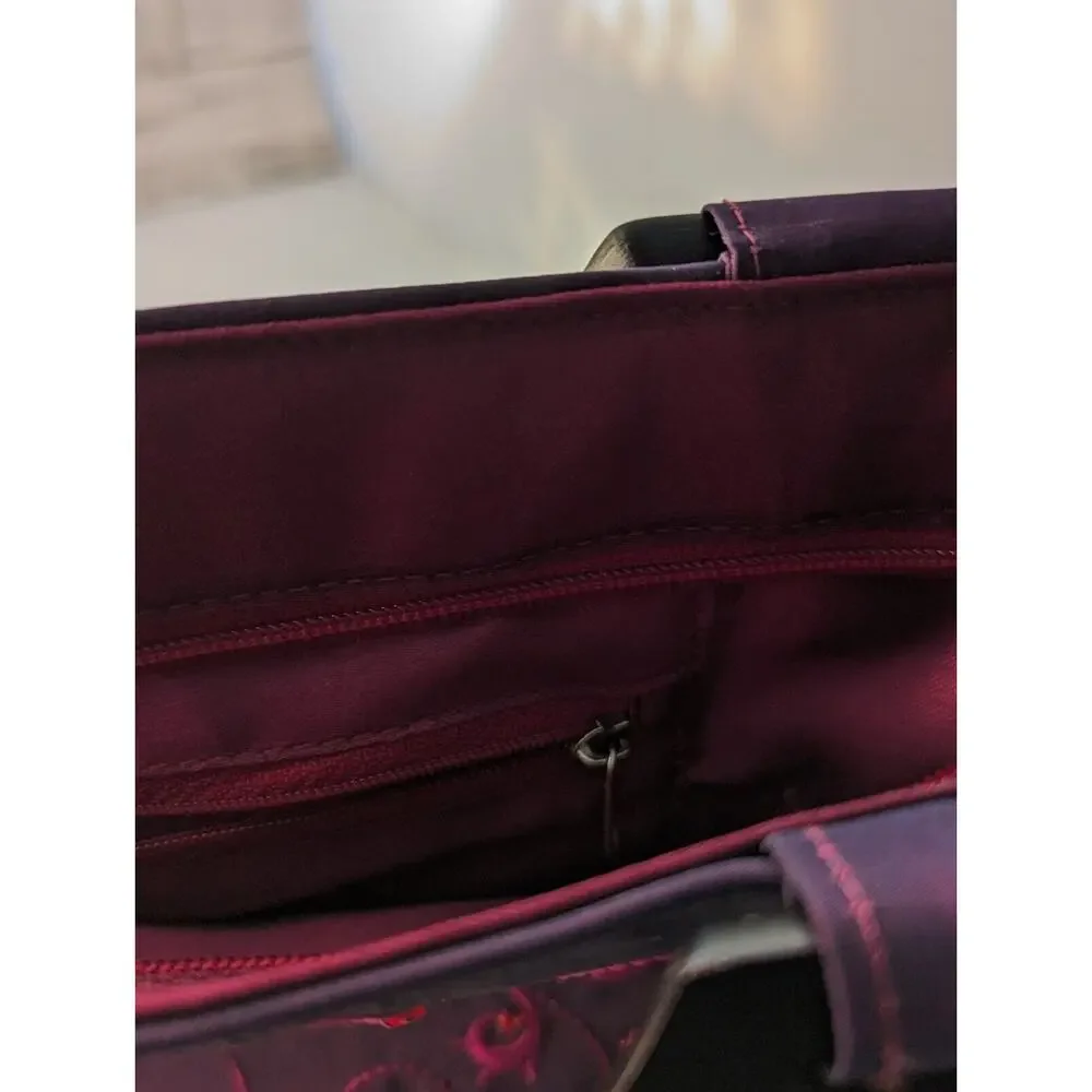 Purse Embroidered Taffeta Plum/ Red/ Wine Wood Handles made in Thailand 14x8x4+